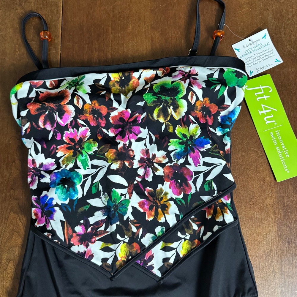 Nwt Fit 4 U One Piece Swimsuit Women 12 Black Floral Tummy Control Beaded Straps